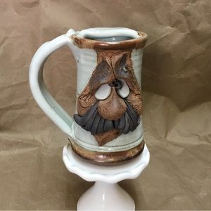 Vtg 3D Stoneware Face Mustache Hand Thrown Pottery Coffee Mug Handmade Signed